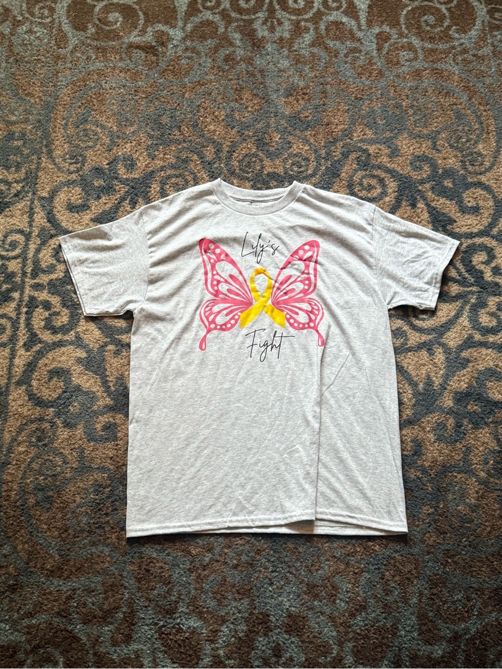Gildan Gray Tee with Pink Butterfly and Yellow Ribbon Graphic
